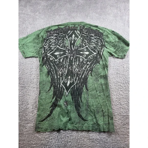 Raw State Mens Large Green Graphic Cross Loyalty Distressed T-Shirt Streetwear - Picture 6 of 8